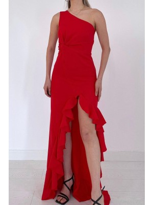 Amorluxe Kırmızı Yırtmaçlı Volanlı Elbise