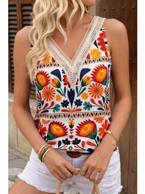 Amorluxe Kadın Askılı V Yaka Dantelli Süprem Bluz