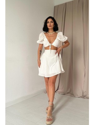 Amorluxe Ekru Brode Crop ve Mini Etek Takım