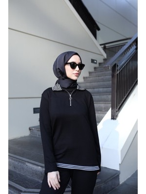 Amorluxe Kadın Uzun Kollu Ribana ve Fermuar Detay Bluz ve Yüksel Bel Pantolon 2li Takım