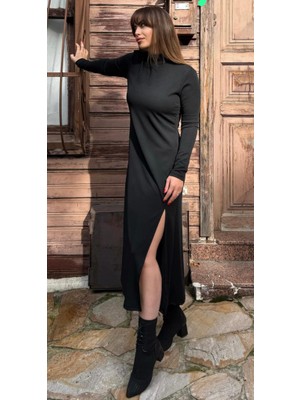 Amorluxe Kadın Uzun Kollu Balıkçı Yaka Derin Yırtmaç Detay Krep Elbise