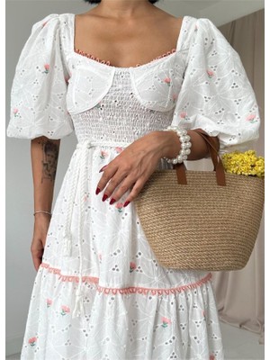 Amorluxe Pudra Dantel Detaylı Brode Elbise