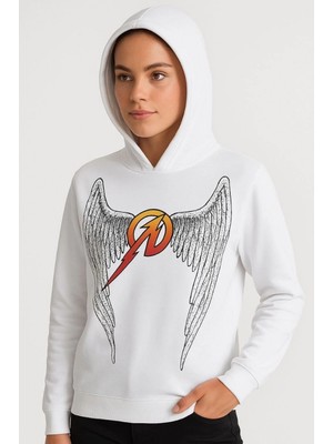 Pileli Store Metallica Iki Iplik Kapüşonlu Ön ve Arka Baskılı Hoodie - Beyaz -
