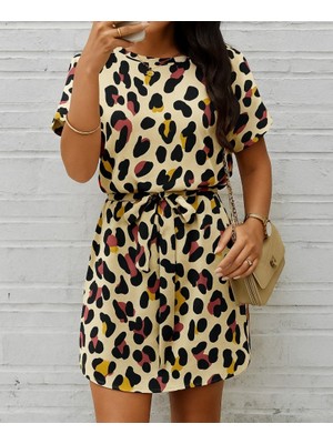 Amorluxe Kadın Kısa Kollu Yuvarlak Yaka Beli Kuşaklı Geometrik Desenli Süprem Elbise