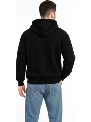Amorluxe Erkek Kapüşonlu Sweatshirt  Hoodie 3 Iplik Şardonlu Pamuklu Kumaş, Önü Baskılı, Fermuarlı Rahat Kalıp, Kışlık ve Sokak Stili Sweat - Siyah