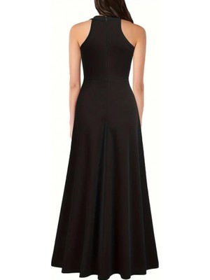 Amorluxe Kadın Halter Yaka Derin Yırtmaç Detaylı Tam Boy Ithal Krep Abiye Elbise
