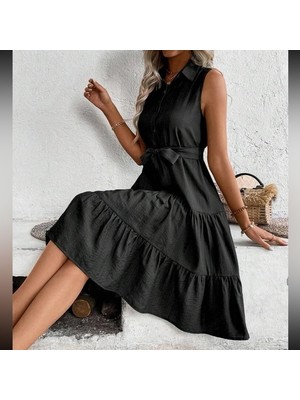 Amorluxe Kadın Kısa Kollu Gömlek Yaka Düğmeli Beli Kuşaklı Katlı Dokuma Midi Elbise