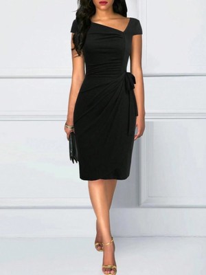 Amorluxe Kadın Kısa Kollu V Asimetrik Yaka Kesimli Yandan Bağlamalı Mini Janjan Krep Elbise