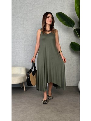 Amorluxe Kadın Çan Dokuma Kumaş V Yaka Asimetrik Kesim Elbise
