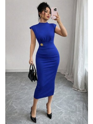 Sun & North Sun&north Kadın Yarı Balıkçı Yaka Kısa Kollu Çicek Aksesuar Detaylı Midi Dalgıç Elbise