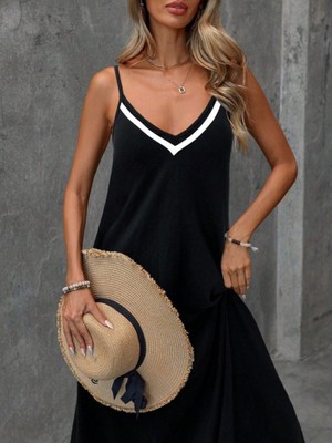 Amorluxe Kadın Ip Askılı V Şerit Yakalı Uzun Viskon Elbise