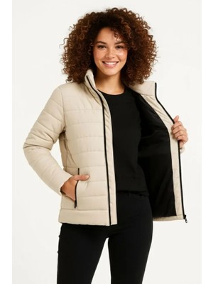 Amorluxe Mikro Su Itici Kapitone Baskılı Astarlı Fermuarlı Bomber Mont - Bej