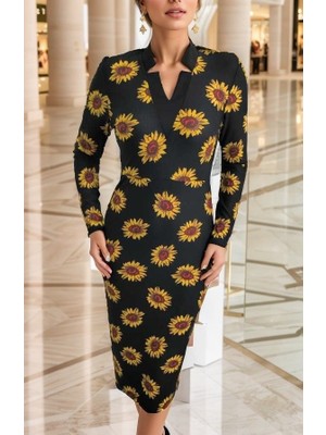 Amorluxe Kadın Uzun Kollu V Yaka Puantiyeli Krep Midi Boy Elbise