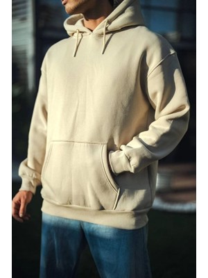 Amorluxe Üç Iplik Penye Kapşonlu Basic Sweatshirt - Bej