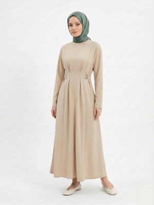 Miostil Önü Pensli Kuşak Aksesuar Detay Elbise-Taş