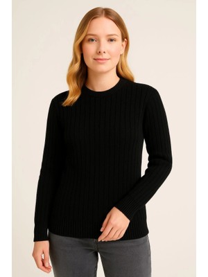 Amorluxe Bisiklet Yuvarlak Yaka Triko Kazak Pamuklu Kalın Fitilli Dokuma, Regular Fit Uzun Kollu Kışlık Model - Siyah