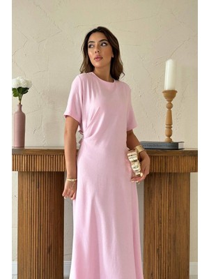 Amorluxe Pudra Pileli Bisiklet Yaka Elbise