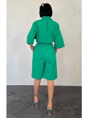 Amorluxe Yeşil Kısa Kollu Keten Gömlek ve Şort Takım