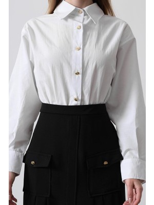 Amorluxe Pileli Kontrast Gömlek Elbise - Beyaz