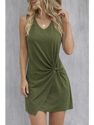 Amorluxe Kadın Askılı V Yakalı Yandan Asimetrik Detaylı Kısa Viskon Elbise