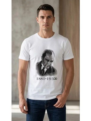 Amorluxe Erkek Atatürk Baskılı Tişört Kısa Kollu Bisiklet Yaka  T-Shirt - Beyaz