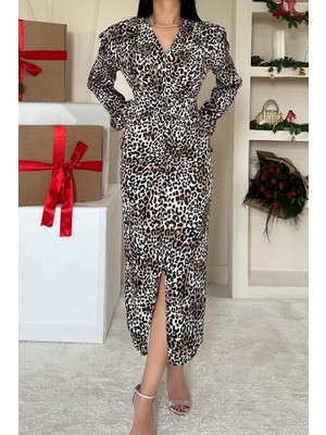 Amorluxe Leopar Önü Yırtmaçlı V Yaka Elbise