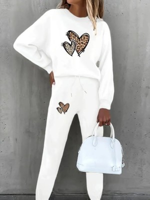 Amorluxe Kadın Uzun Kollu Bisiklet Yaka Kalp Desenli Şardonlu Üç Iplik Bluz ve Pantolon Ikili Takım