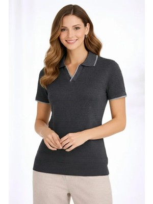 Amorluxe Triko Kumaş Yakalı Düğmesiz Açık Yaka Fitilli Kısa Kollu Regular Fit Tişört T-Shirt - Siyah