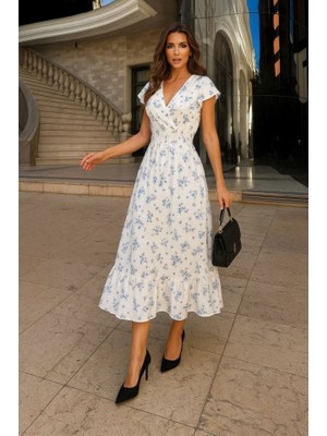 Amorluxe Kadın Kısa Kollu Kruvaze Yakalı Beli Lastikli Çiçek Desenli Elbise