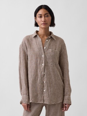 Gap Kadın Kahverengi 100% Keten Oversize Gömlek