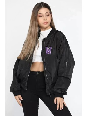 Amorluxe Unisex Uzun Kol Baskılı Bomber Ceket - Siyah