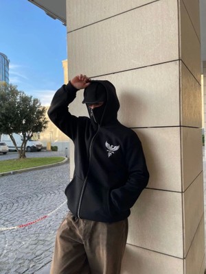 Amorluxe Samuray Kapşonlu Zıp Fermuarlı Kapşonlu Sweatshirt - Siyah