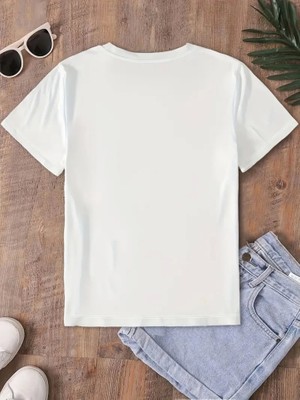 Amorluxe Fiyonk Baskılı Oversize Bisiklet Yaka T-Shirt - Beyaz