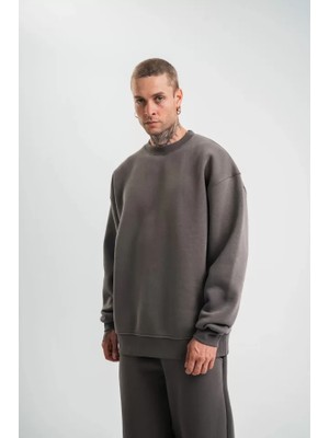 Amorluxe Uzun Kol Bisiklet Yaka Basic Sweatshirt - Füme