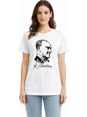 Amorluxe Atatürk Baskılı Tişört Kısa Kollu Bisiklet Yaka T-Shirt - Beyaz