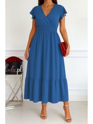 Amorluxe Kadın Kısa Kelebek Kollu Kruvaze Yakalı Beli Lastikli Aerobin Elbise