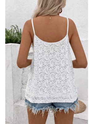 Amorluxe Kadın Ip Askılı V Dantel Yakalı Dantel Bluz