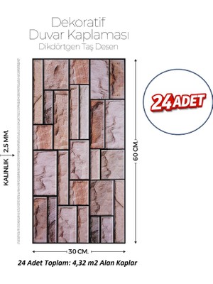 Brano 30X60 cm Kendinden Yapışkanlı Duvar,banyo,tezgah Arası Kahverengi Tuğla Desen-24 Adet