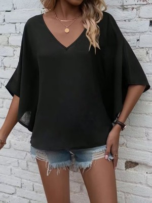 Amorluxe Kadın Kısa Kollu V Yakalı Salaş Viskon Bluz