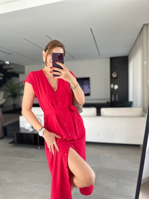 Amorluxe Kadınn V Yaka Düğme Detay Kuşak Dahil Elbise