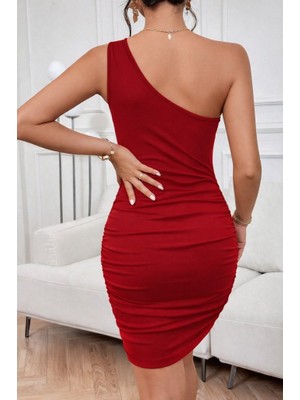 Amorluxe Kadın Tek Omuzdan Askılı Omzu Açık Taşlı Mini Ithal Krep Elbise