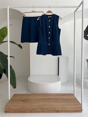 Amorluxe Kolsuz Yelekli Mini Etekli Denim Takım 10164