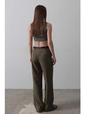 Amorluxe Kemerli Palazzo Pantolon - Haki-Beyaz