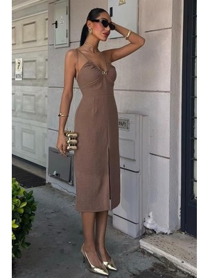 Amorluxe Göğsü Aksesuarlı Önü Yırtmaçlı Elbise 2899