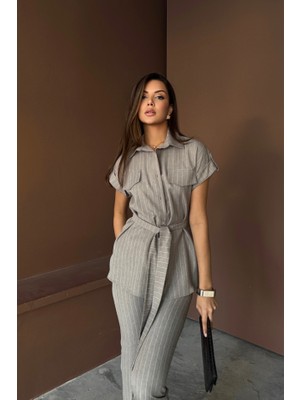 Amorluxe Çizgili Polyviskon Bluz - Pantolon Takım - Gri