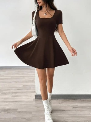 Amorluxe Kadın Kısa Kollu Kare Yaka Short Detaylı Cepli Dalgıç Elbise