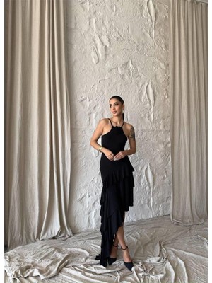 Amorluxe Güllü Elbise Asimetrik Katlı - Siyah