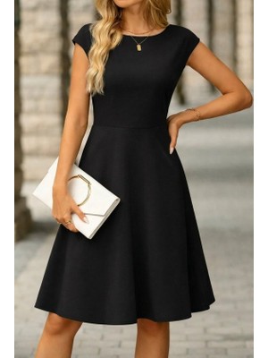 Amorluxe Kadın Yarım Ay Kollu Yakası Acık Kemersiz Midi Ithal Krep Elbise