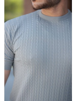 Amorluxe Erkek Bisiklet Yaka Örgü Desenli Kısa Örme Triko Kısa Kollu T-Shirt