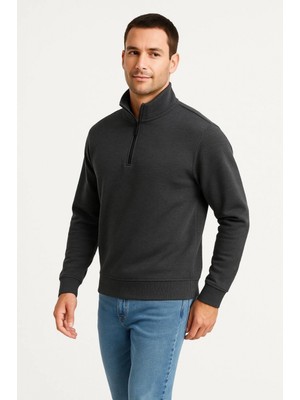 Pileli Store Dik Yaka Sweatshirt Dik Yaka Yarım Fermuarlı 3 Iplik Şardonlu Pamuk Kumaş - Antrasit -